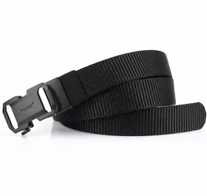 Detail of thick woven black nylon strap with a durable matte metal automatic buckle