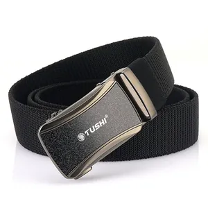 Black braided nylon belt for men with a gun-grey metal automatic buckle on white background