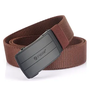 Brown woven elastic nylon belt for men with matte black automatic metal buckle