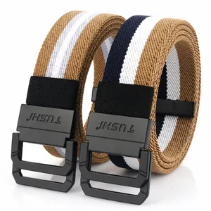 Close-up of dual woven canvas belts with matte black buckles and colorful stripes