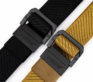 Macro detail of elastic nylon braided belts with matte black metal double ring buckles