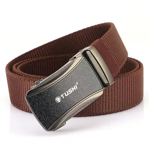 Men's dark brown woven elastic belt with matte grey automatic buckle on white background