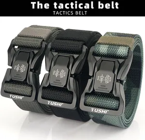 Three tactical nylon belts in black, army green and camo with quick-release buckles