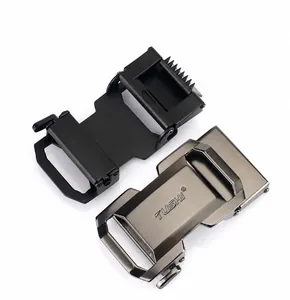 Detail showing matte black and gunmetal brushed zinc alloy automatic belt buckles