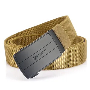 Men's khaki elastic nylon belt with black automatic buckle and matte finish on white background