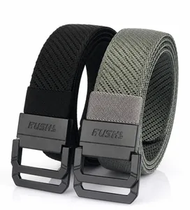 Detail view of black and army green nylon woven belts with matte black D-ring buckles