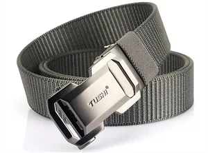 Detail of olive green nylon woven tactical belt featuring matte metal automatic buckle