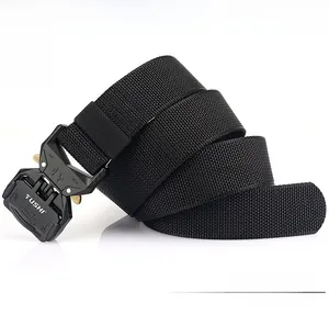 Close-up of heavy-duty nylon tactical belt with quick-release metal buckle and durable weave