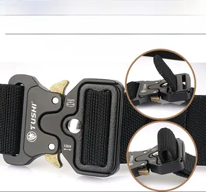 Close-up of tactical nylon belt with alloy quick release buckle and 24kN tensile strength