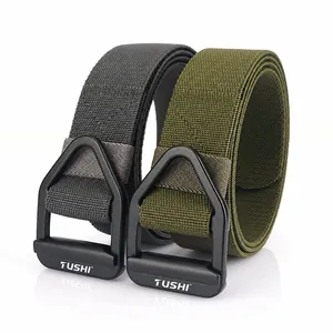 Detail of outdoor tactical nylon belts in grey and green with matte metal D-ring buckles