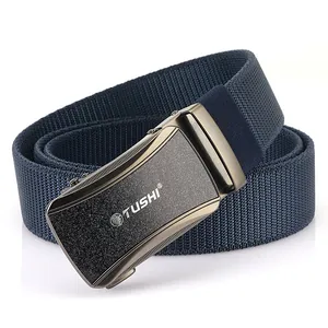 Men's navy blue woven elastic nylon belt featuring a matte grey metal automatic buckle