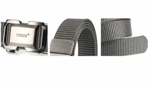Detailed macro view of gray nylon woven belt with durable matte metal automatic buckle