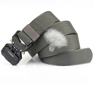 Detail of greyish-green nylon tactical belt with quick-release zinc alloy buckle