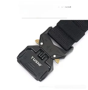 Detail of matte zinc alloy quick-release buckle on heavy-duty black nylon tactical belt