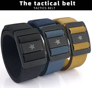 Detailed view of heavy-duty nylon tactical belts in black, navy, and wolf brown with star buckle