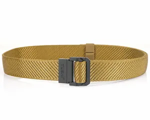 Detail of khaki nylon tactical belt featuring a matte black metal buckle and logo engraving