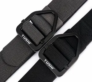 Detail of durable nylon tactical belts featuring matte metal D-ring buckles with logo