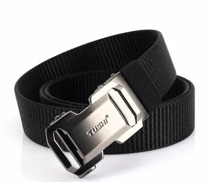 Close-up of black tactical nylon belt with matte silver automatic metal buckle and texture