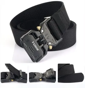 Detail view of black nylon tactical belt featuring quick-release metal buckle with matte finish