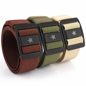 Three tactical nylon belts in dark brown, army green, and sand with star buckle detail