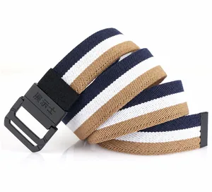 Detail of striped canvas belt with black double-ring buckle and metal tail tip