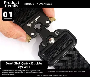 Macro detail of alloy quick-release buckle with TUSHI logo and 12kN/24kN strength rating