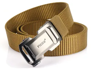 Detail of khaki nylon tactical belt with matte grey automatic metal buckle on white background