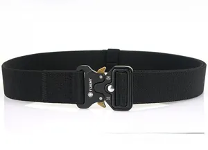 Detail of metal quick-release buckle on black tactical nylon belt with load specs