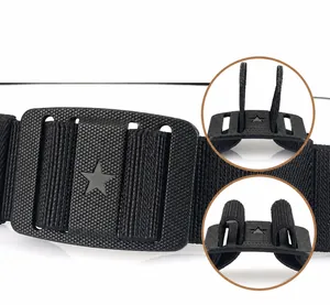 Close-up of black tactical nylon belt featuring double-sided buckle and five-star emblem