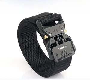 Detail view of the black nylon tactical belt with a heavy-duty quick release metal buckle