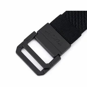 Detail of black nylon woven belt featuring a matte zinc alloy double ring buckle with logo