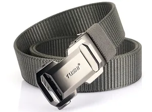 Detailed view of the gray nylon tactical belt with matte alloy automatic buckle