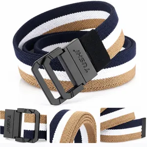 Detail of three-color striped elastic canvas belt with matte black double ring buckle