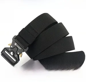 Detailed view of black tactical belt showing polyester elastic webbing and durable texture