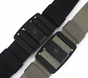 Macro detail of dual-way buckle tactical nylon belts in black and olive green colors