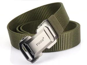 Close-up of military green nylon tactical belt with matte dark grey automatic metal buckle