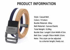 Detail view of elastic canvas belt with triple-color stripes and double-ring buckle