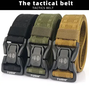 Three colors of tactical nylon belts with heavy-duty quick-release buckles in detail