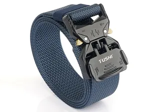 Detail of navy nylon tactical belt with matte black quick release metal buckle