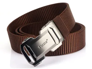 Detail of men's nylon belt with matte zinc alloy automatic buckle and woven texture