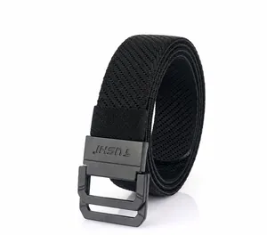 Detail of black nylon woven stretch belt with matte double ring buckle and textured strap