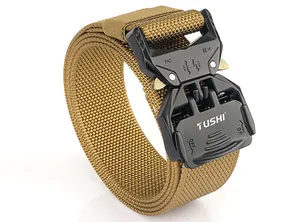 Detailed view of quick release black metal buckle on khaki nylon tactical belt