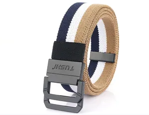 Detail of navy and khaki striped elastic canvas belt with black double D-ring buckle