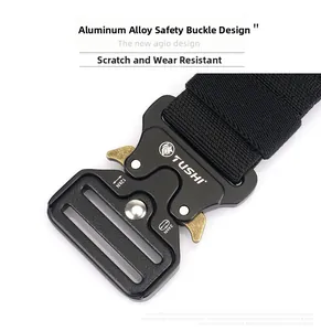 Close-up of aluminum alloy buckle with 24kN tensile strength on black tactical belt
