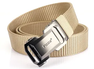 Detail of khaki nylon tactical belt featuring matte metal automatic buckle with TUSHI logo