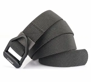 Detail of grey tactical belt showing breathable nylon strap and black zinc alloy buckle