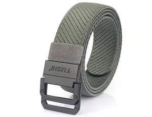 Detail of olive green woven nylon tactical belt with matte black double ring buckle