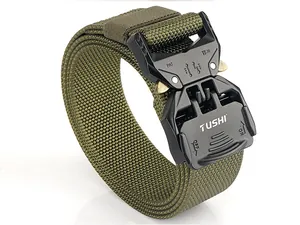 Macro detail of military green nylon tactical belt with black quick-release metal buckle