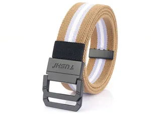 Close-up of khaki woven canvas belt featuring white stripes and matte black D-ring buckles