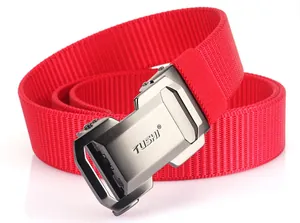 Detail of red nylon woven belt featuring a matte gunmetal tactical automatic buckle